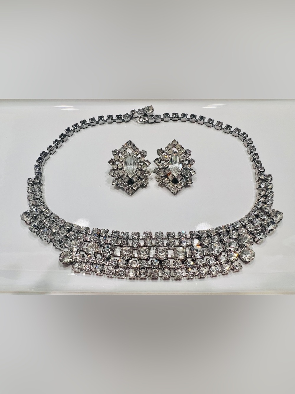 3 Piece Vintage Crystal and Silver Rhinestone Choker, Briich and Earrings